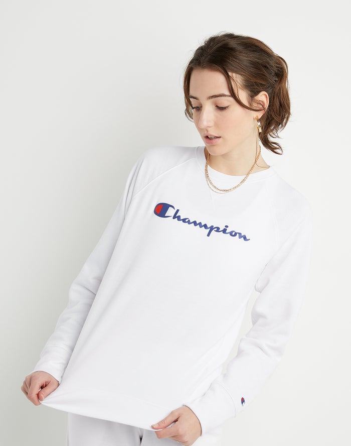 Champion Sweatshirt Dames - Wit - Powerblend Fleece Classic Crew Script Logo ( 504368-ACG )